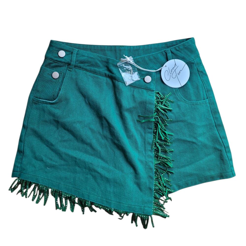 Cloud Ten Women's Green Fringe Rhinestone Skort Western Festival NWT Size M